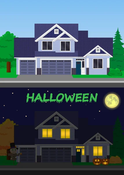 Casa Familiar Vectorial Decoraciones Navideñas Feliz Día Halloween — Vector de stock