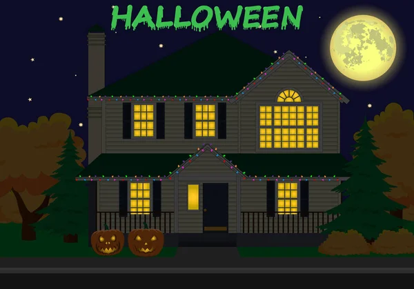 Casa Familiar Vectorial Decoraciones Navideñas Feliz Día Halloween — Vector de stock