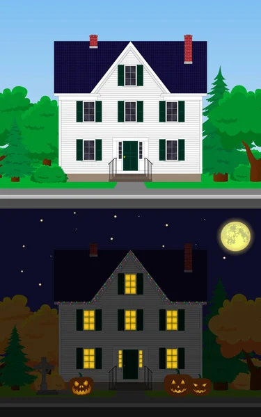 Casa Familiar Vectorial Decoraciones Navideñas Feliz Día Halloween — Archivo Imágenes Vectoriales