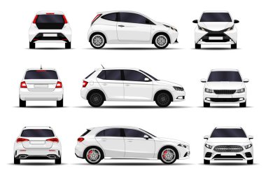 Gerçekçi arabalar hazır. Hatchback. Ön görünüm, yan görünüm, arka görünüm.