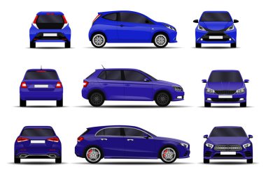 Gerçekçi arabalar hazır. Hatchback. Ön görünüm, yan görünüm, arka görünüm.