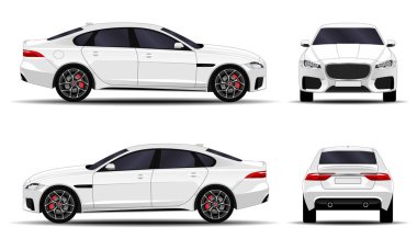 Gerçekçi bir araba. Sedan. ön görünüm; yan görünüm; arka görünüm.