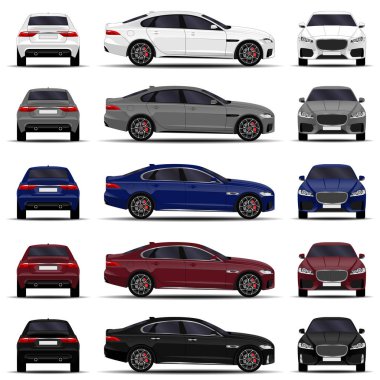 gerçekçi araba. Sedan küme. Önden görünüm; yan görünümü; Arkadan görünüm.