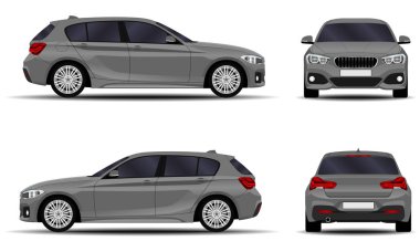 Gerçekçi bir araba. Hatchback. Ön görünüm, yan görünüm, arka görünüm.