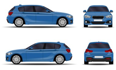 Gerçekçi bir araba. Hatchback. Ön görünüm, yan görünüm, arka görünüm.