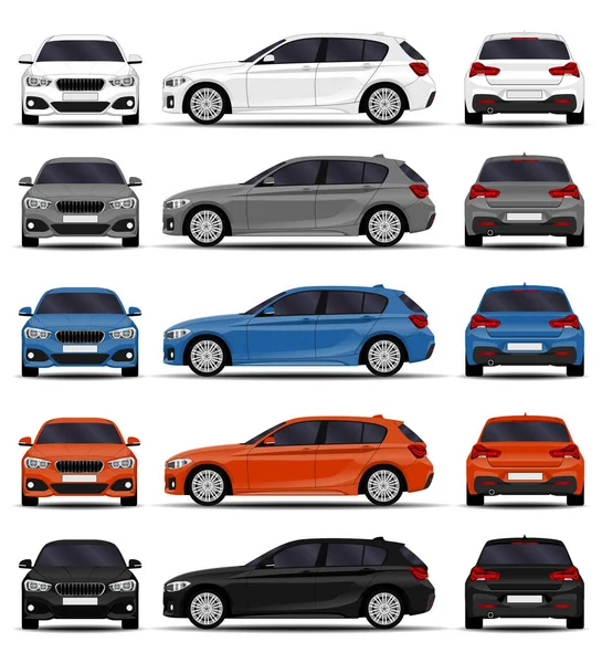 Gerçekçi arabalar hazır. Hatchback. Ön görünüm, yan görünüm, arka görünüm.