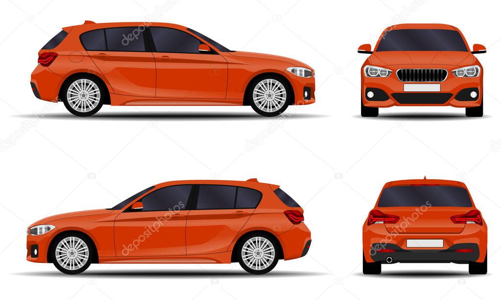 realistic car. hatchback. front view, side view, back view.