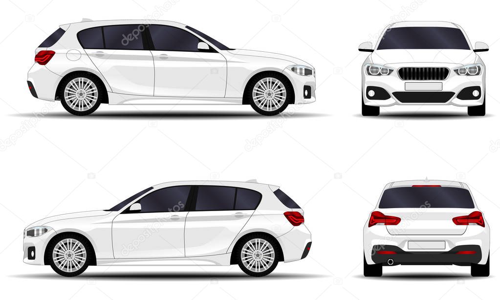realistic car. hatchback. front view, side view, back view.