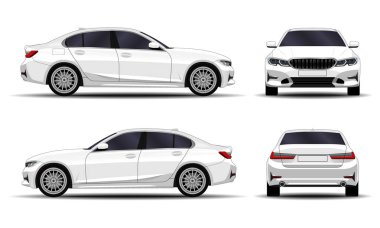 Gerçekçi bir araba. Sedan. ön görünüm; yan görünüm; arka görünüm.