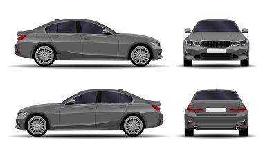 Gerçekçi bir araba. Sedan. ön görünüm; yan görünüm; arka görünüm.