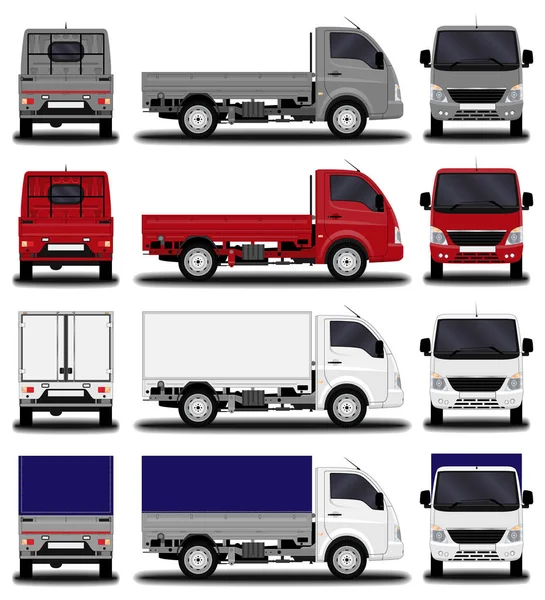 Camions Réalistes Réglés Vue Face Vue Côté Vue Derrière — Image vectorielle