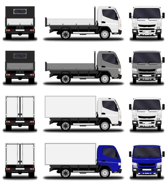 Conjunto Camiones Realistas Vista Frontal Vista Lateral Vista Trasera — Vector de stock