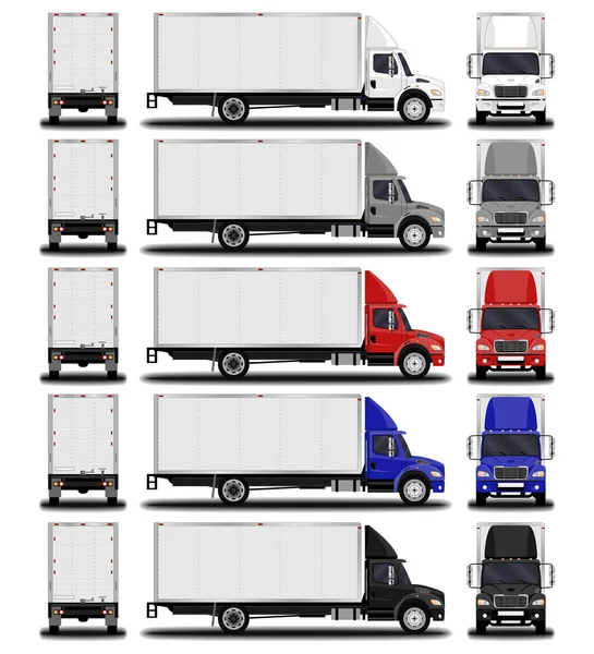 Realistic Trucks Set Front View Side View Back View — Stock Vector