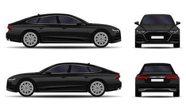 gerçekçi araba. spor sedan. Önden görünüm; yan görünümü; Arkadan görünüm.