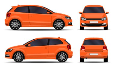 Gerçekçi bir araba. Hatchback. Ön görünüm, yan görünüm, arka görünüm.