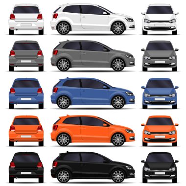 Gerçekçi arabalar hazır. Hatchback. Ön görünüm, yan görünüm, arka görünüm.