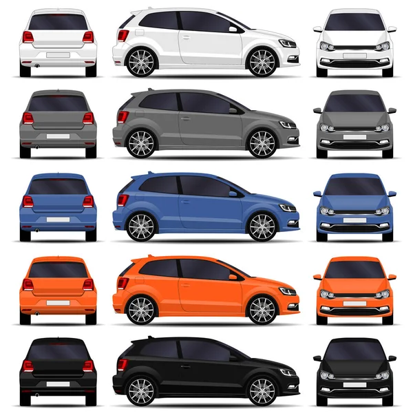 Carros Realistas Conjunto Hatchback Vista Frontal Vista Lateral Vista Traseira — Vetor de Stock