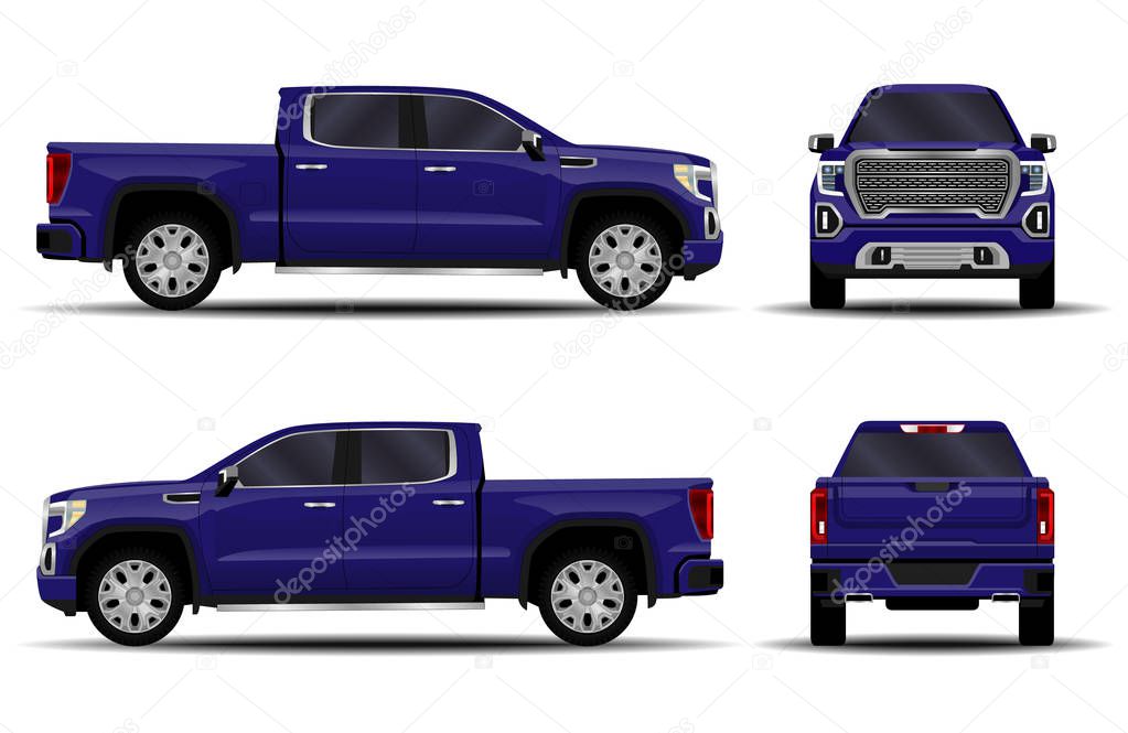realistic car. truck, pickup. front view; side view; back view.
