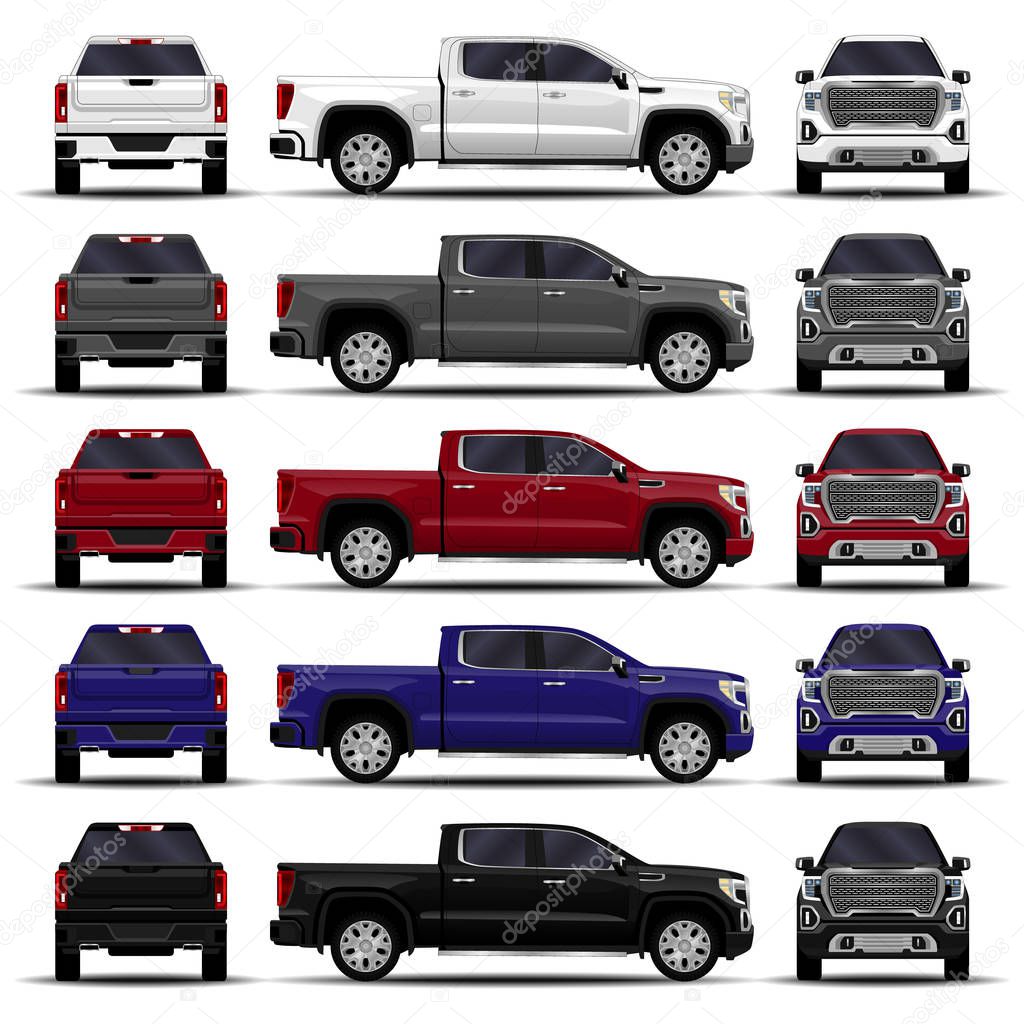 realistic cars set. truck, pickup. front view; side view; back view.