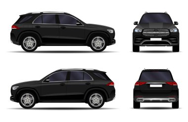 Gerçekçi bir SUV arabası. Ön görünüm; yan görünüm; arka görünüm.