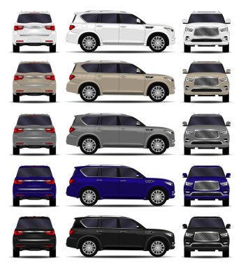 gerçekçi Suv araç. Araba ayarlayın. Önden Görünüm; yan görünümü; Arkadan Görünüm.