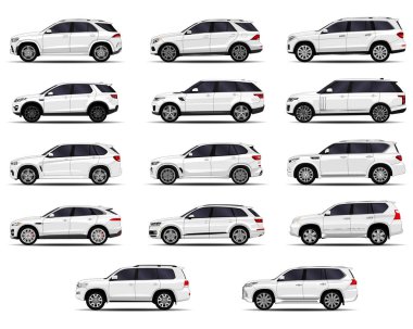 Gerçekçi SUV seti. Ön görünüm; yan görünüm; arka görünüm.