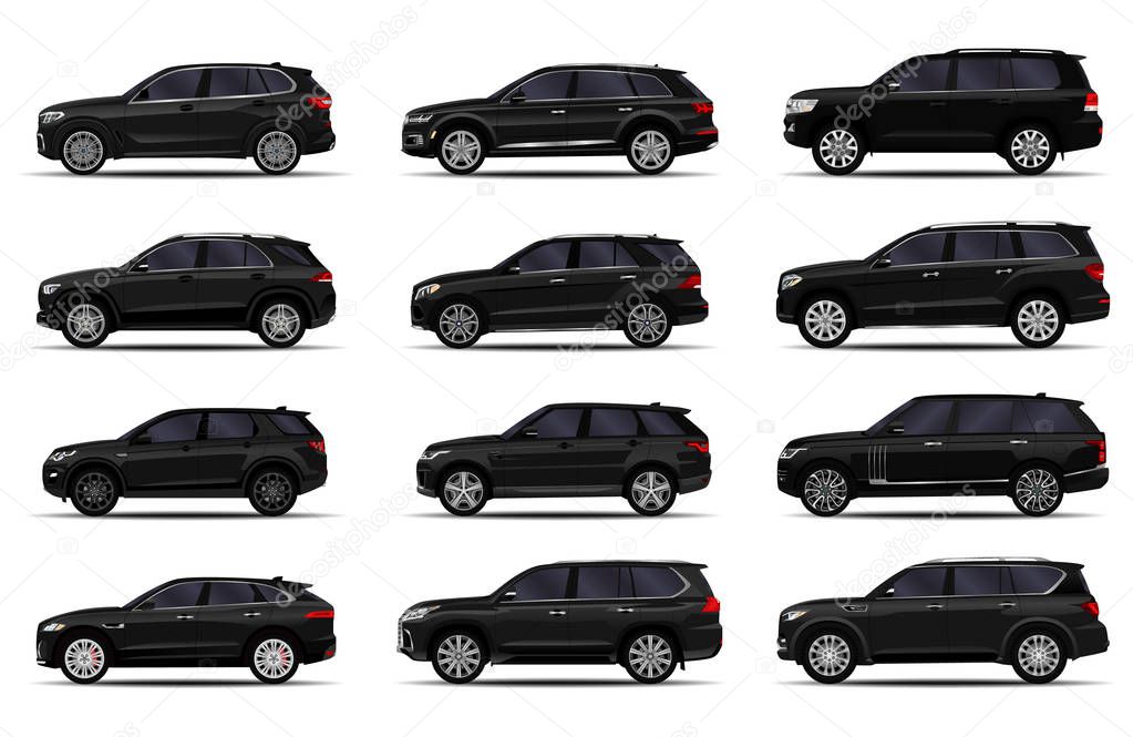 realistic SUV cars set. front view; side view; back view.