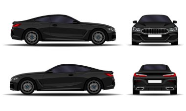 gerçekçi araba. spor coupe. Önden görünüm; yan görünümü; Arkadan görünüm.