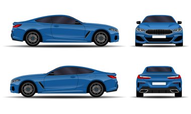 gerçekçi araba. spor coupe. Önden görünüm; yan görünümü; Arkadan görünüm.