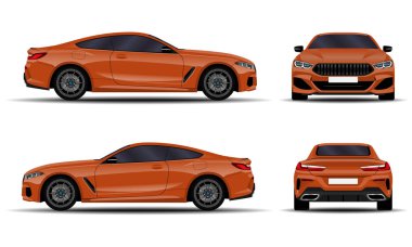 gerçekçi araba. spor coupe. Önden görünüm; yan görünümü; Arkadan görünüm.