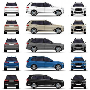 gerçekçi Suv araç. Araba ayarlayın. Önden Görünüm; yan görünümü; Arkadan Görünüm.