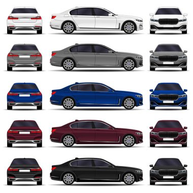 gerçekçi araba. sedan araba seti. ön görünüm; yan görünüm; arka görünüm.