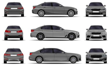 Gerçekçi bir araba. Sedan. ön görünüm; yan görünüm; arka görünüm.