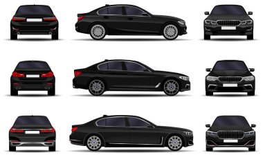 Gerçekçi bir araba. Sedan. ön görünüm; yan görünüm; arka görünüm.