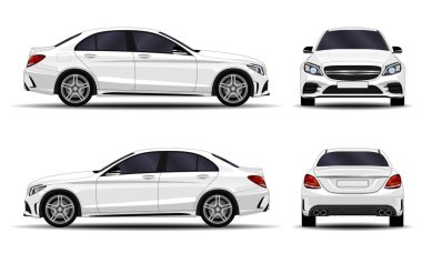 Gerçekçi bir araba. Sedan. ön görünüm; yan görünüm; arka görünüm.