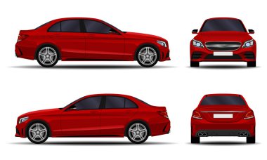 Gerçekçi bir araba. Sedan. ön görünüm; yan görünüm; arka görünüm.