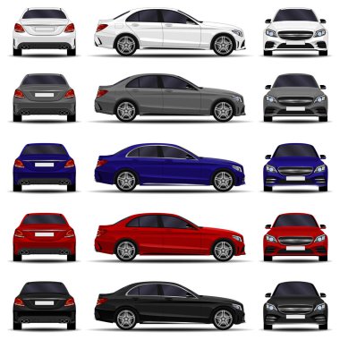 gerçekçi araba. sedan araba seti. ön görünüm; yan görünüm; arka görünüm.