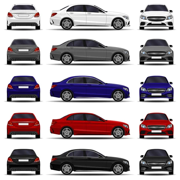gerçekçi araba. sedan araba seti. ön görünüm; yan görünüm; arka görünüm.