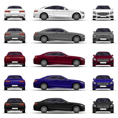 gerçekçi araba. spor coupe arabalar ayarlayın. ön görünüm; yan görünüm; arka görünüm.