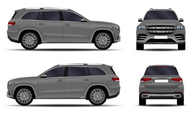 Gerçekçi bir SUV arabası. Ön görünüm; yan görünüm; arka görünüm.