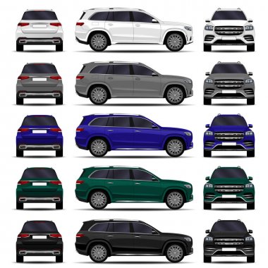 gerçekçi Suv araç. Araba ayarlayın. Önden Görünüm; yan görünümü; Arkadan Görünüm.