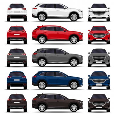 gerçekçi Suv araç. Araba ayarlayın. Önden Görünüm; yan görünümü; Arkadan Görünüm.