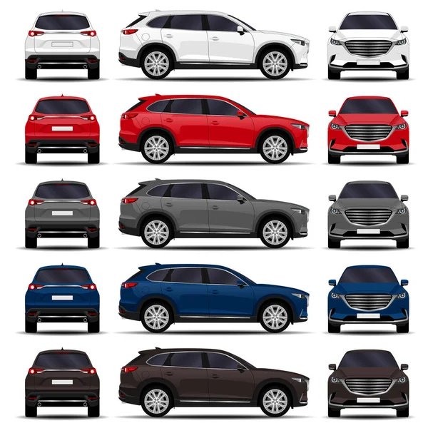 gerçekçi Suv araç. Araba ayarlayın. Önden Görünüm; yan görünümü; Arkadan Görünüm.