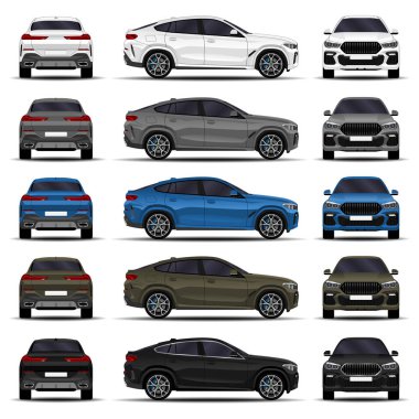 gerçekçi Suv araç. Araba ayarlayın. Önden Görünüm; yan görünümü; Arkadan Görünüm.