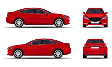 Gerçekçi bir araba. Sedan. ön görünüm; yan görünüm; arka görünüm.