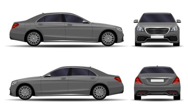 Gerçekçi bir araba. Sedan. ön görünüm; yan görünüm; arka görünüm.