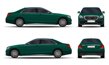 Gerçekçi bir araba. Sedan. ön görünüm; yan görünüm; arka görünüm.