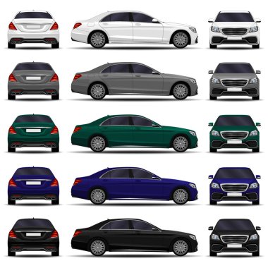 gerçekçi araba. sedan araba seti. ön görünüm; yan görünüm; arka görünüm.