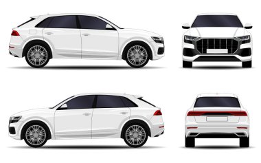 Gerçekçi bir SUV arabası. Ön görünüm; yan görünüm; arka görünüm.