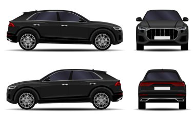 Gerçekçi bir SUV arabası. Ön görünüm; yan görünüm; arka görünüm.